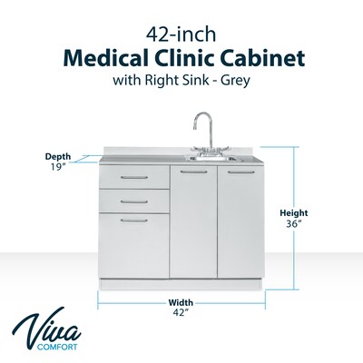 Viva Comfort 36.75H x 42W Exam Room Medical Cabinet With Sink, 2-Doors, 3-Drawers, Gray (ADIME902-BASE-42-RS-GRY-MK)