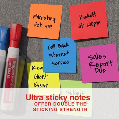 Staples Ultra Sticky Notes, 2" x 2", Summer Breeze Collection, 100 Sheets/Pad, 6 Pads/Pack (ST62880)