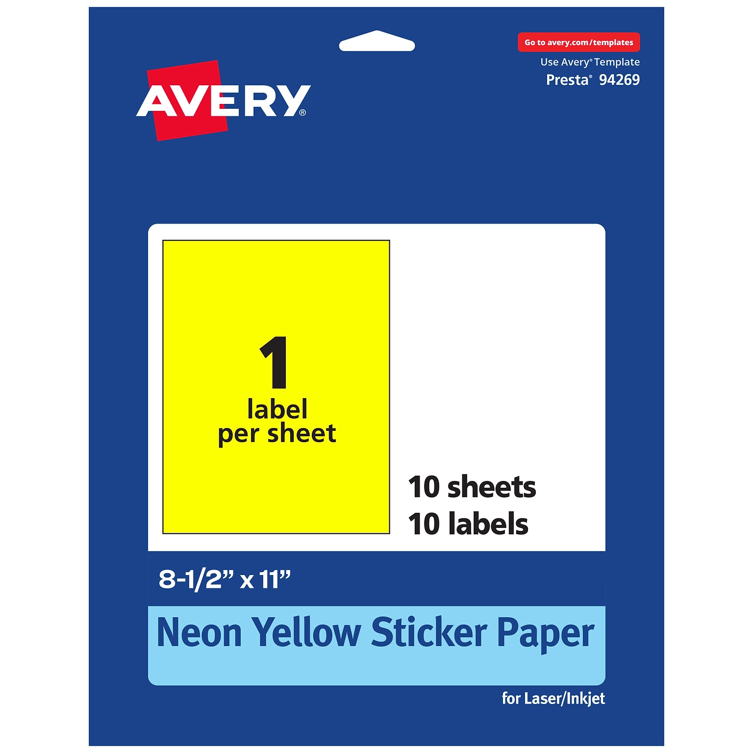 Avery Laser/Inkjet Multipurpose Rectangle Labels, 8.5 x 11, Neon Yellow, 10/Pack (94269)