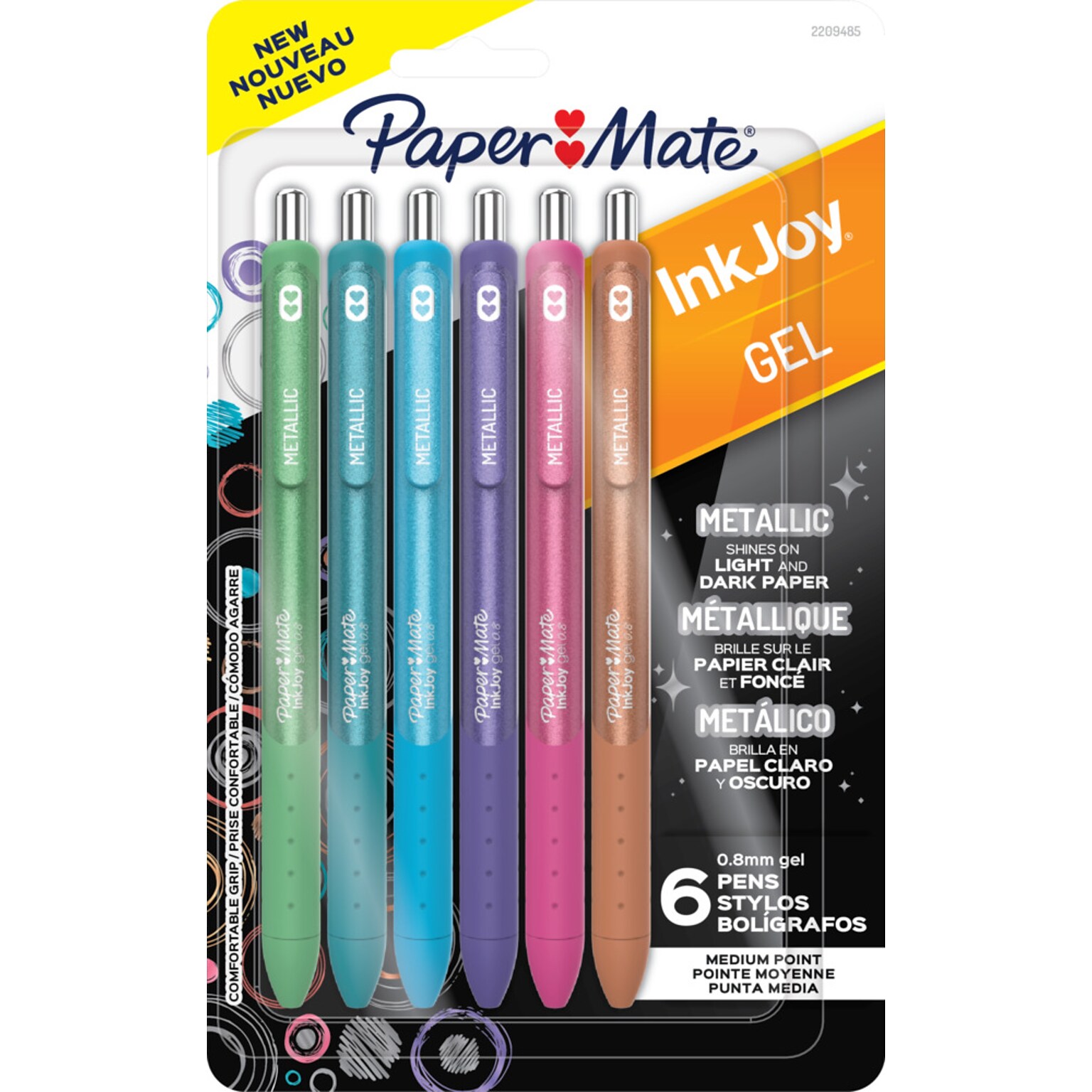 Paper Mate InkJoy Gel Pens, Metallic Pens, Retractable, Medium Point, (0.8mm) Assorted Colors, 6 Count, (2209485)