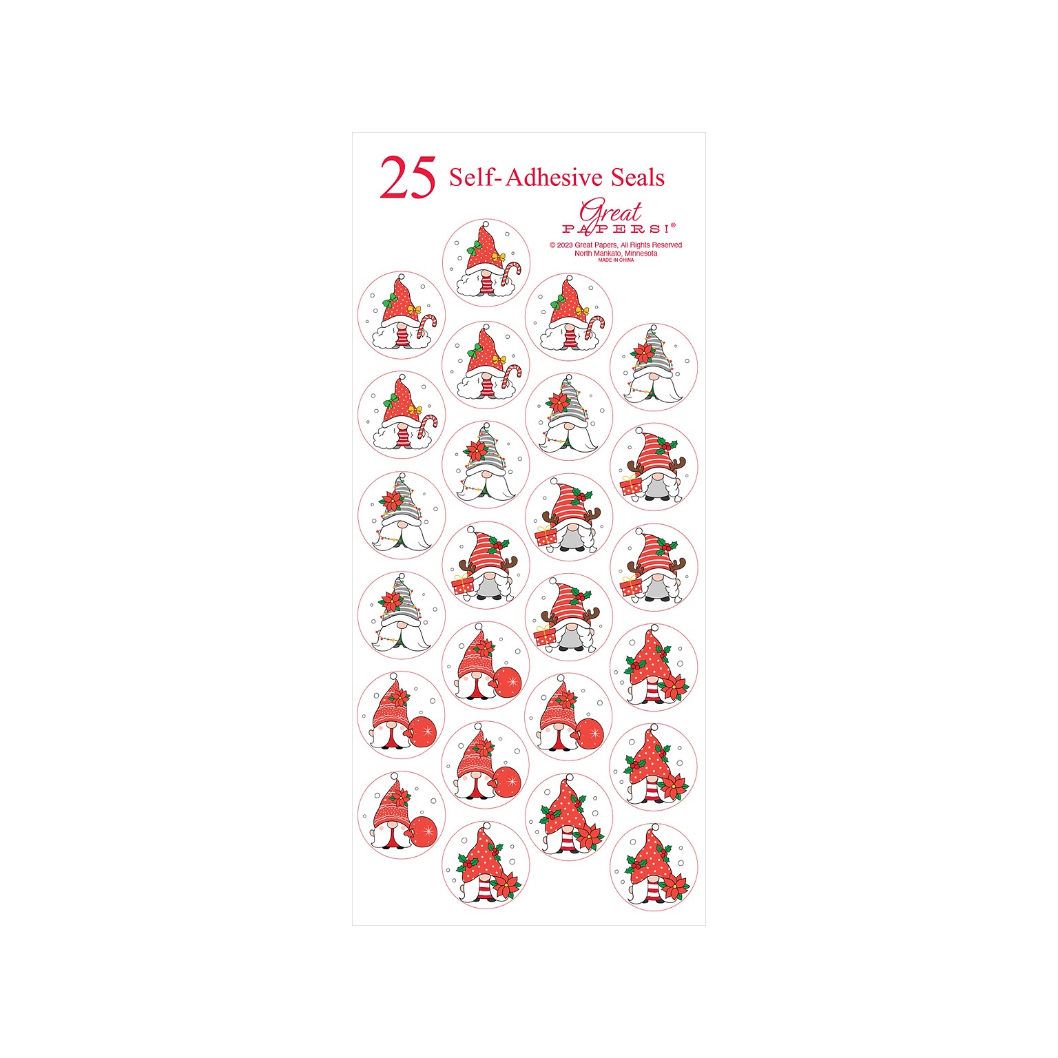Great Papers Holiday Gnomes Seals, Assorted Colors, 25/Pack (2023055)