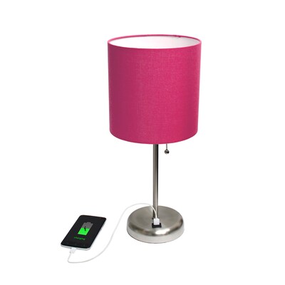Creekwood Home Oslo 19.5" LED Table Lamp with USB Port, Brushed Steel/Pink Shade (CWT-2012-PN)