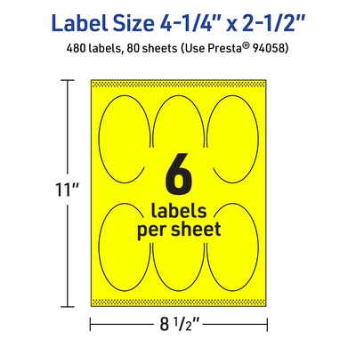 Avery Oval Laser/Inkjet Multipurpose Labels, 4.25" x 2.5", Neon Yellow (480/Box)