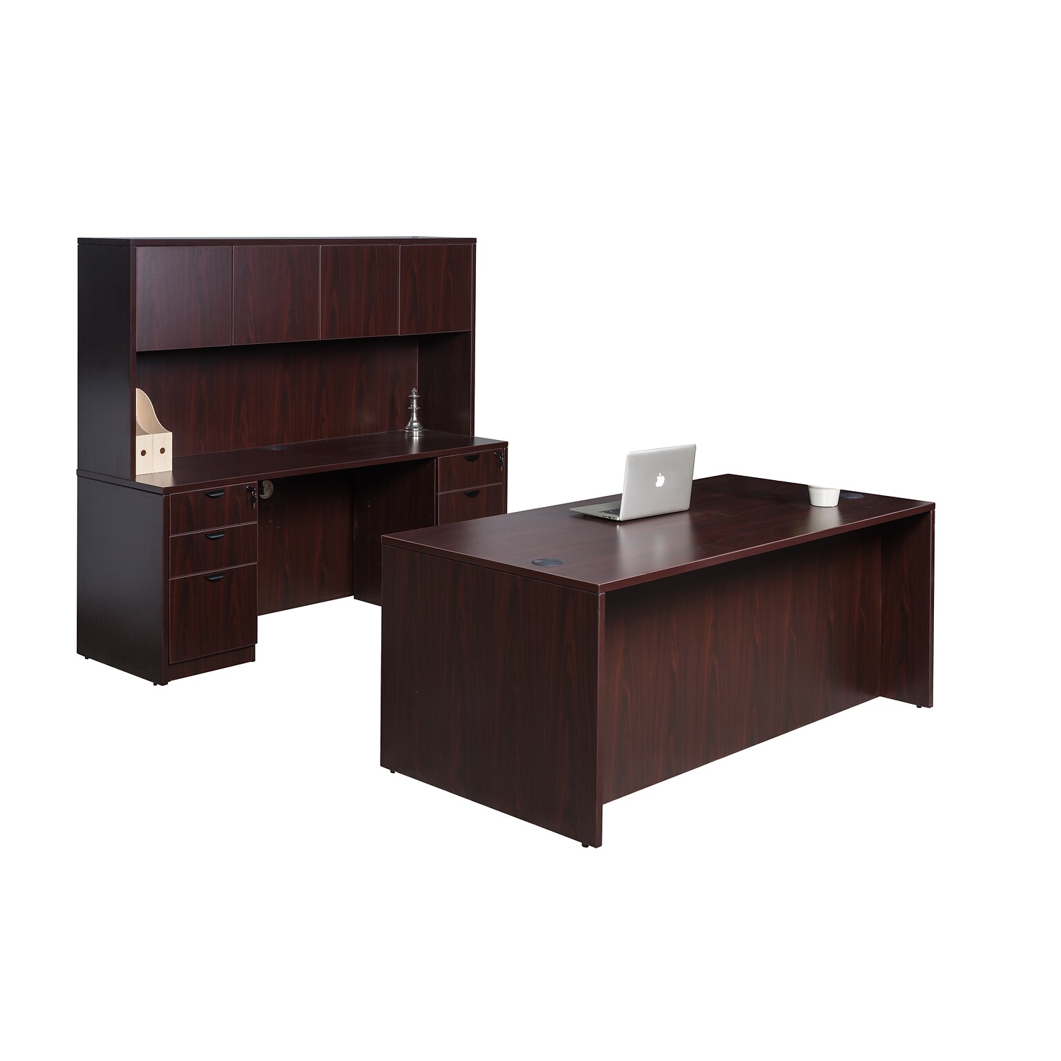 Boss Office Products 71 Desk and Credenza with Hutch and 2 File Pedestals, Mahogany (GROUPA6-M)