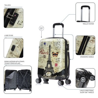 InUSA 20" Hardside Paris Carry-On Suitcase, 4-Wheeled Spinner, TSA Checkpoint Friendly, Paris (IUAPC00S-PAR)