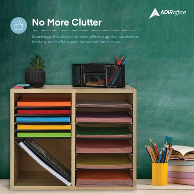 AdirOffice 500 Series 12-Compartment Literature Organizers, 20" x 20", Medium Oak (500-12-MEO)
