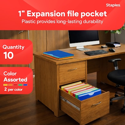 Staples Moisture Resistant File Pockets, Letter Size, Assorted Colors, 10/Pack (TR18372)
