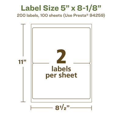 Avery EcoFriendly Laser/Inkjet Rectangle Multipurpose Labels, 5" x 8-1/8", White, 200/Box (94259)