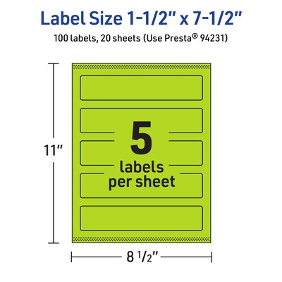 Avery Laser/Inkjet Multipurpose Rectangle Labels, 1.5" x 7.5", Bright Green, 100/Pack (94231)