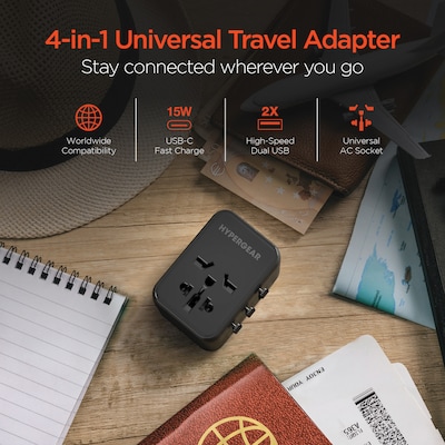 HyperGear WorldCharge Universal Travel Adapter with USB/USB A/USB C Ports, Black (15822)