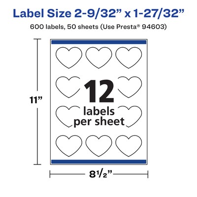 Avery Heart Shaped Laser/Inkjet Multipurpose Labels, 1.8438" x 2.28", Matte White, 600/Box (94603)