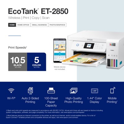 Epson EcoTank ET-2850 ET-2850-W Wireless Color Inkjet Printer, All-In-One Supertank, Print, Scan, Copy (9472541)