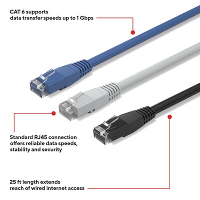 Staples TECH 25 ft. Cat-6 Ethernet Cable, Male to Male, Assorted Colors, 3/Pack (ST62460)