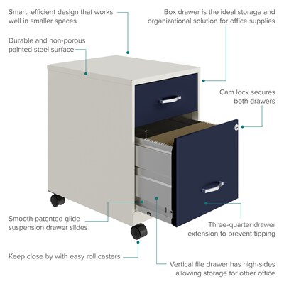 Space Solutions 18" 2-Drawer Mobile Verticle File Cabinet with Accessory Drawer, Letter Width, Pearl White/Navy (25940)