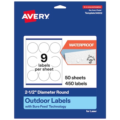Avery Round Laser Multipurpose Labels, 2.5 Dia., White, 450/Box (19479399410)
