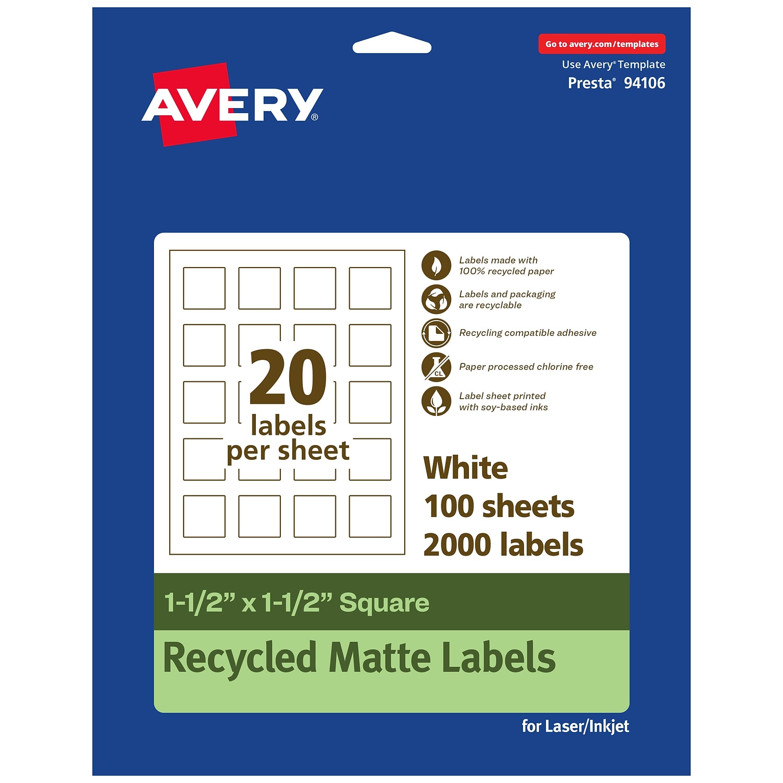Avery EcoFriendly Laser/Inkjet Square Multipurpose Labels, 1-1/2 x 1-1/2, White, 2000/Box (94106)
