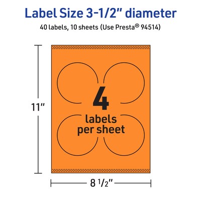 Avery Laser/Inkjet Multipurpose Circle Labels, 3.5" Dia., Bright Orange, 40/Pack (94514)