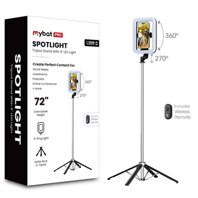 MyBat Pro Spotlight Tripod Stand with LED Ring Light Adjustable Stainless Steel & Ultimate Portability Silver