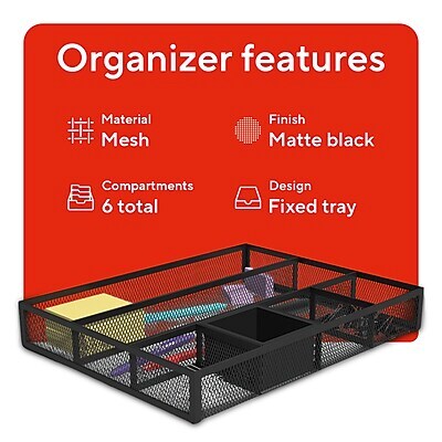 TRU RED Mesh Drawer Organizer, 6-Compartment, Matte Black – Desk & Drawer Storage for Office Supplies