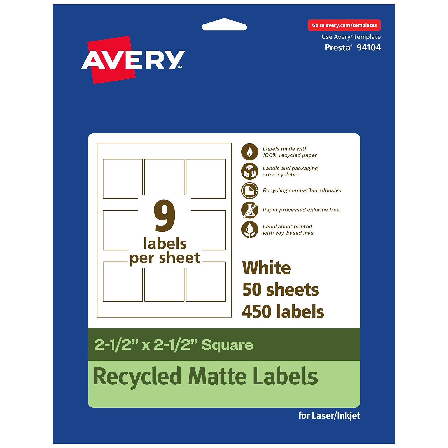 Avery EcoFriendly Laser/Inkjet Square Multipurpose Labels, 2-1/2 x 2-1/2, White, 450/Box (94104)