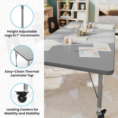 Flash Furniture Wren Rectangular Activity Table, 72" x 30", Height Adjustable, Gray Top/Silver Frame (XUA3072RECGTPC)
