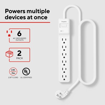 Staples TECH 6-Outlet Surge Protector, 2.5, 1800 Joules, White, 2/Pack (ST62763)