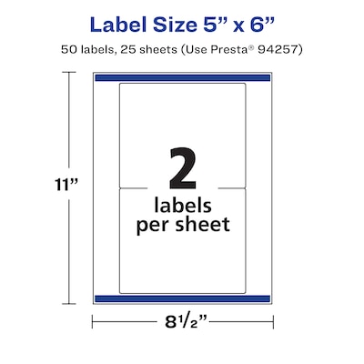 Avery Laser/Inkjet Rectangle Waterproof Multipurpose Labels, 6"  x 5", White, 50/Pack (94257)
