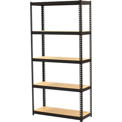 Lorell Iron Horse Narrow Riveted Shelving Unit, 200 lb. Capacity, 30"W x 12"D x 60"H, Black/Natural (LLR66964)