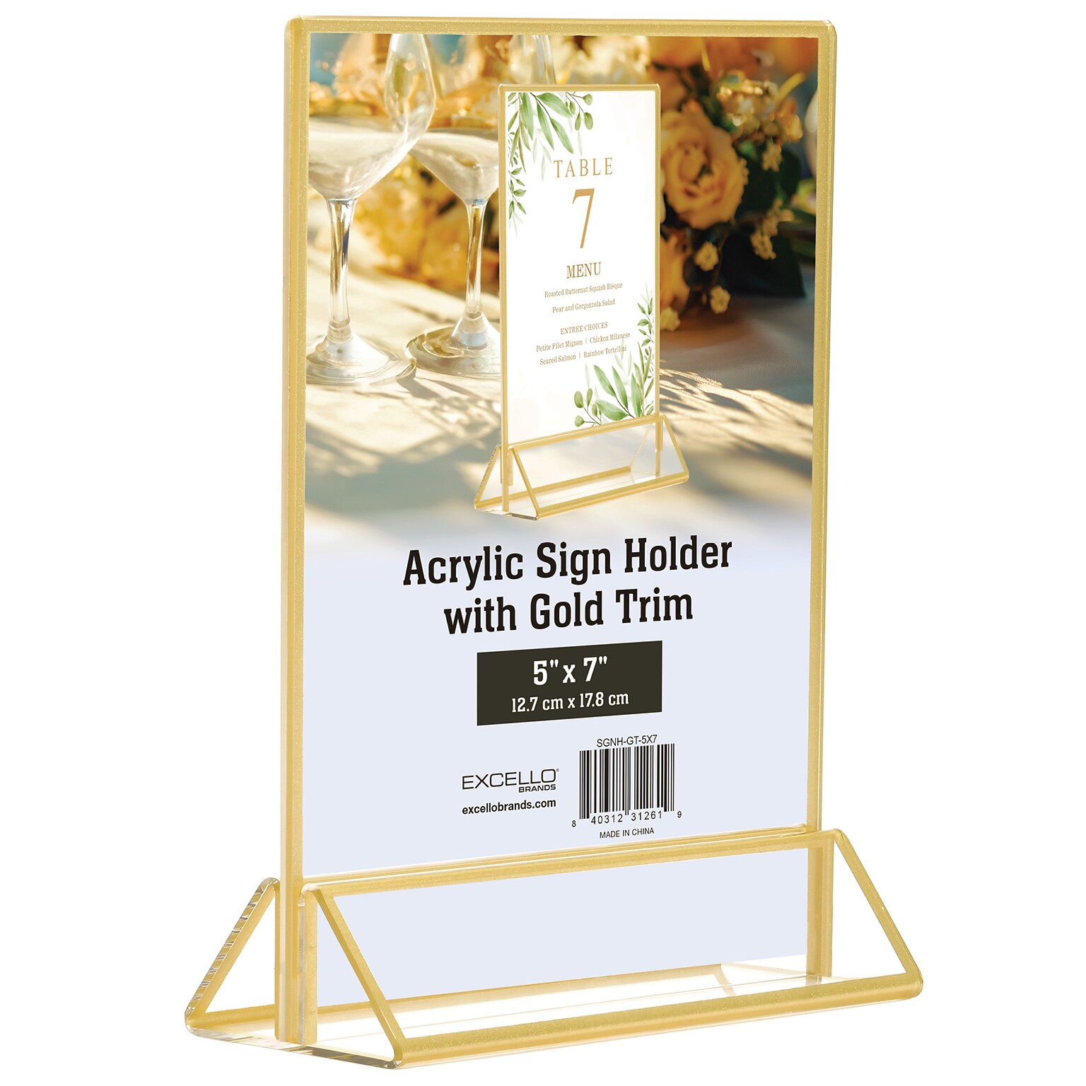 Excello Global Products Generic Holder, 5 x 7, Vertical, Desktop/Countertop, Gold Acrylic (SGNH-GT-5X7)