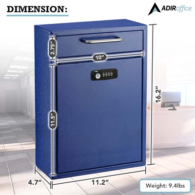 AdirOffice Steel Locking Wall Mounted Drop Box Interoffice Mailbox with Key and Combination Lock , Blue (631-04-BLU-KC-PKG)