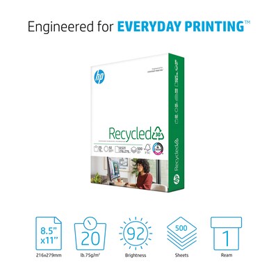 HP 30% Recycled 8.5" x 11" Multipurpose Paper, 20 lbs., 92 Brightness, 500 Sheets/Ream (HPE1120)