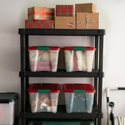 Iris Holiday Medium Stackable Plastic Storage Box, 10.5" x 14.4" x 18.5", 32 Qt., Clear/Red, 4/Pack (500532)