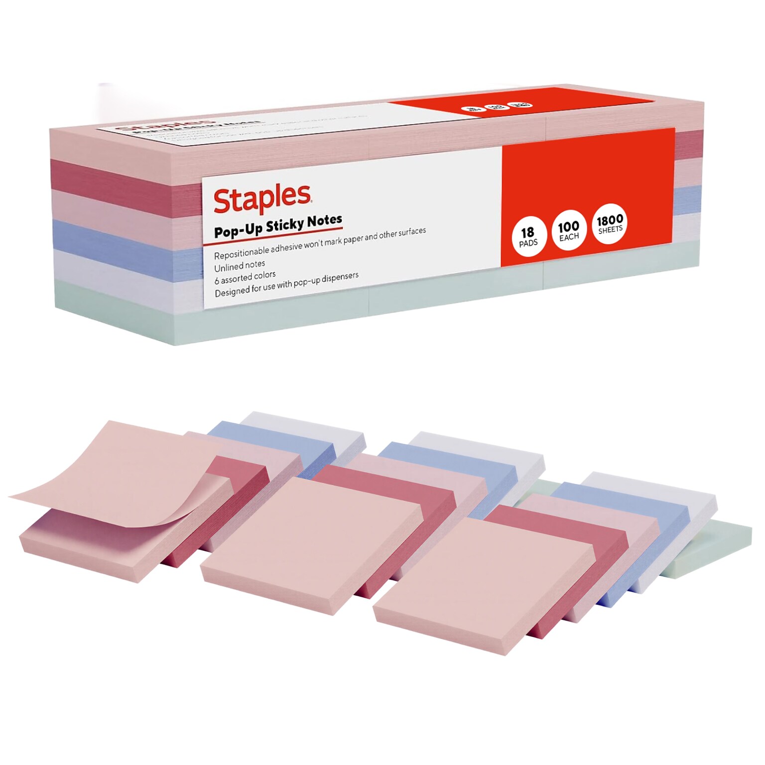 Staples Pop-up Sticky Notes, 3 x 3, Ocean Mist Collection, 100 Sheets/Pad, 18 Pads/Pack (ST62873V-CC)