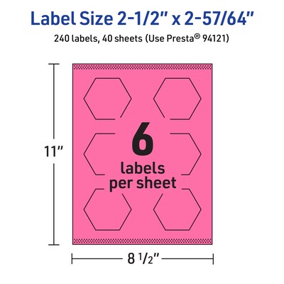 Avery Hexagon Laser/Inkjet Multipurpose Labels, 2-1/2" x 2-57/64", Bright Pink (240/Box)