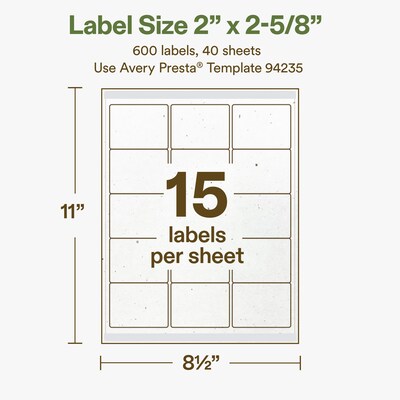 Avery Hemp Rectangle Laser/Inkjet Multipurpose Labels, 2" x 2-5/8", Off-White (600/Box)