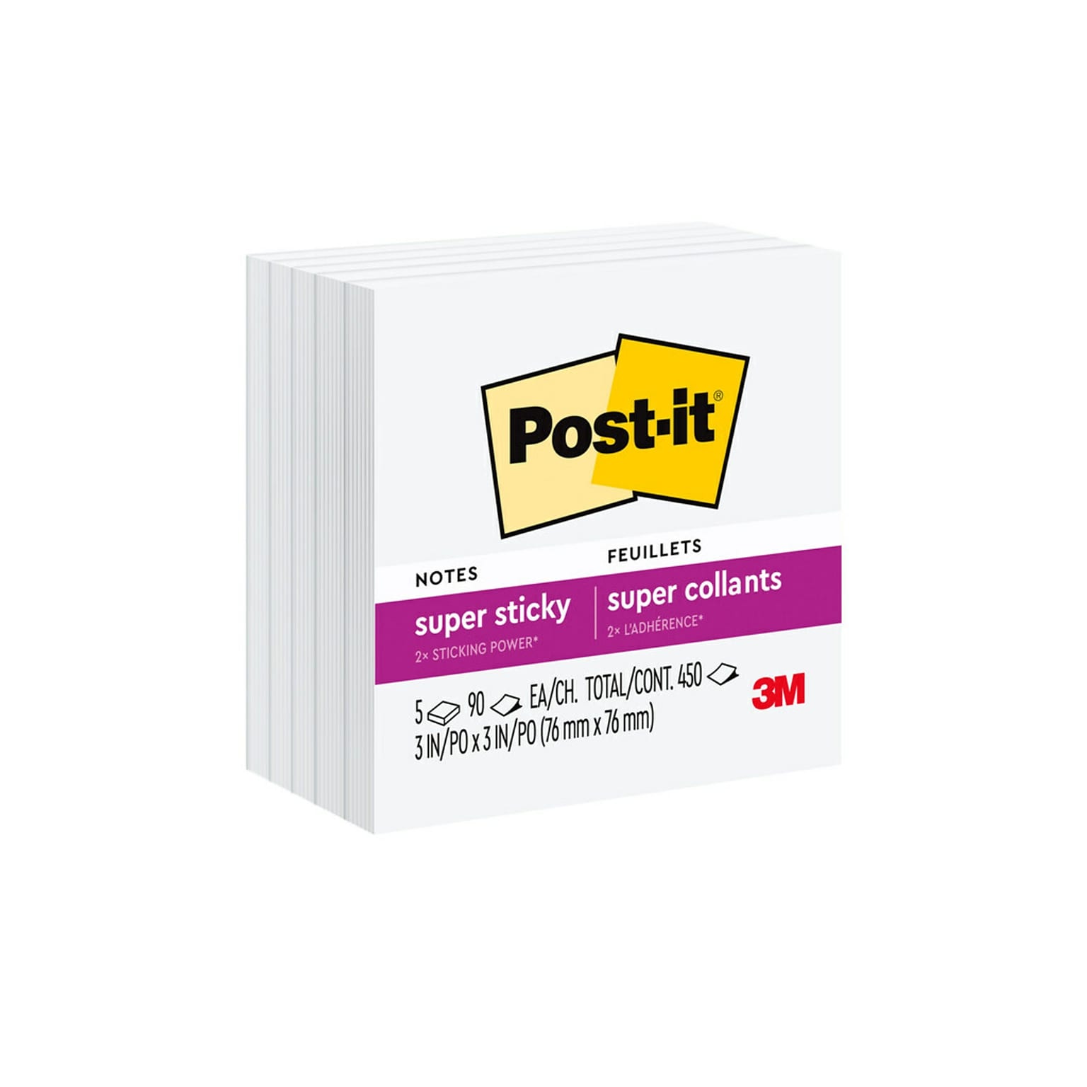 Post-it Super Sticky Notes, 3 x 3, White, 90 Sheet/Pad, 5 Pads/Pack (654-5SSW)