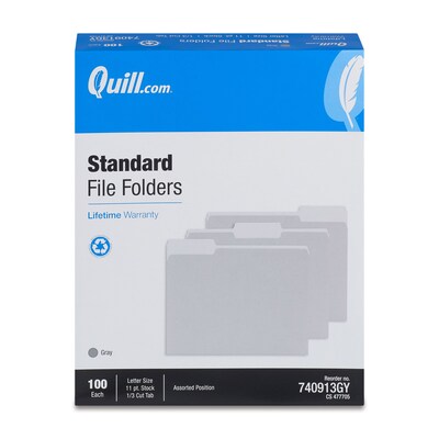 Quill Brand® File Folders, Assorted Tabs, 1/3-Cut, Letter Size, Gray, 100/Box (740913GY)