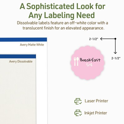 Avery Dissolvable Decorative Edge Multipurpose Labels, 2.5" Dia., Off-white, 45/Pack (94516)