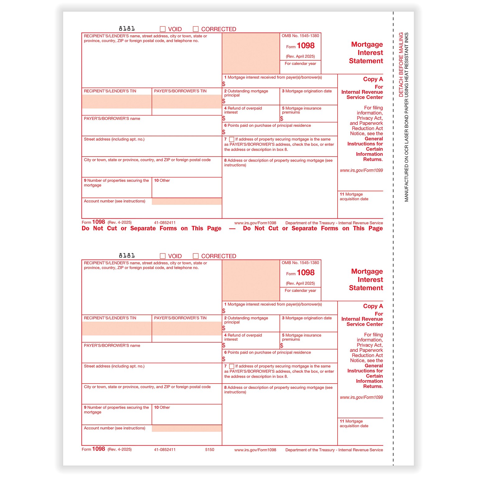 ComplyRight 2025 1098 Tax Form, 1-Part, 2-Up, Copy A, 25/Pack (515025)