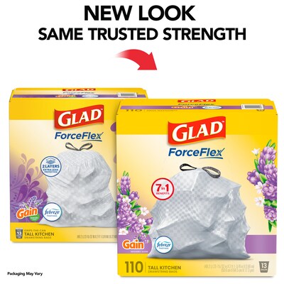 Glad ForceFlex Tall 13 Gallon Drawstring Kitchen Trash Bag, Gain Lavender with Febreze Freshness, White, 110 Total Bags (79157)