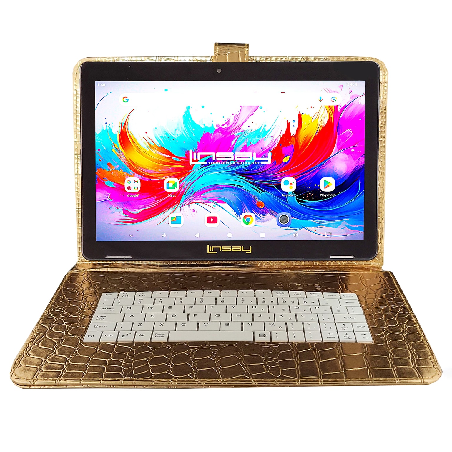 LINSAY F10 Series 10.1 Tablet, Wi-Fi, Octa Core, 256GB eMMC, Android 15, Golden Keyboard Case (F10IPGBDGPLUS)