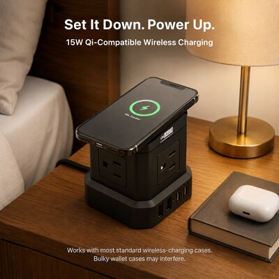 Uncaged Ergonomics Wireless Cube Power Strip with 15W Wireless Charger, 4 AC Outlets, 4 USB Ports, 10' Cord, Black (WC-10-B)