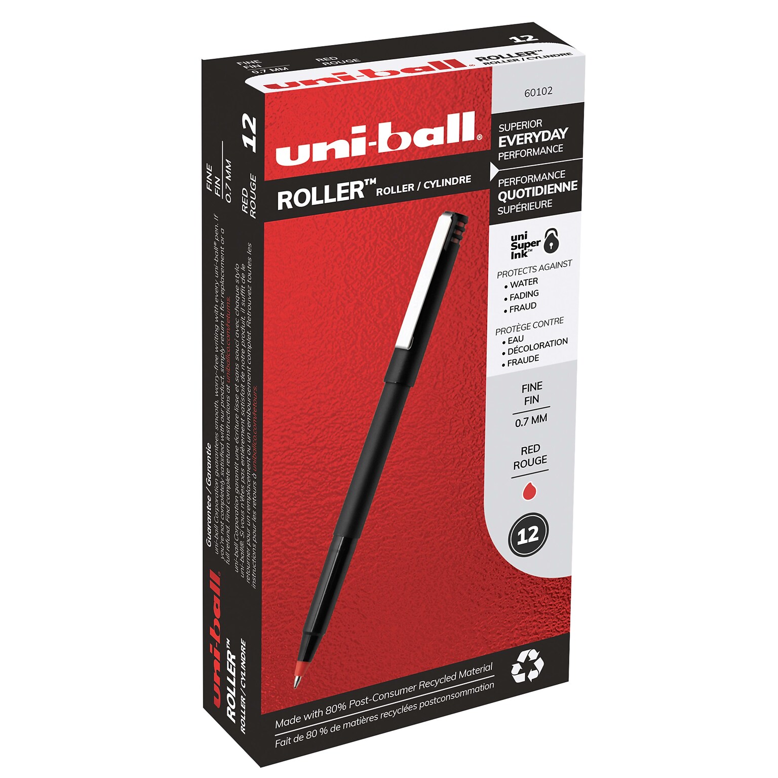 uniball Roller Rollerball Pens, Fine Point, 0.7mm, Red Ink, Dozen (60102)
