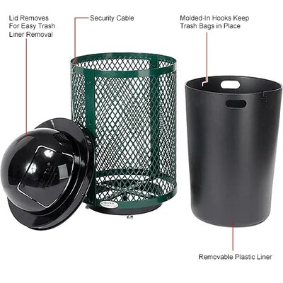 Global Industrial Outdoor Diamond Steel Trash Can w/ Dome Lid & Base, 36 Gallon, Green (261948GND)
