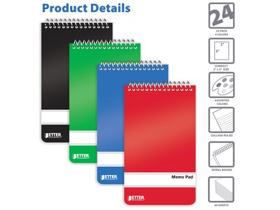 Better Office Memo Pads, 3" x 5", College-Ruled, Assorted Colors, 60 Sheets/Pad, 24 Pads/Pack (25924-24PK)