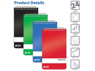 Better Office Memo Pads, 3 x 5, College-Ruled, Assorted Colors, 60 Sheets/Pad, 24 Pads/Pack (25924