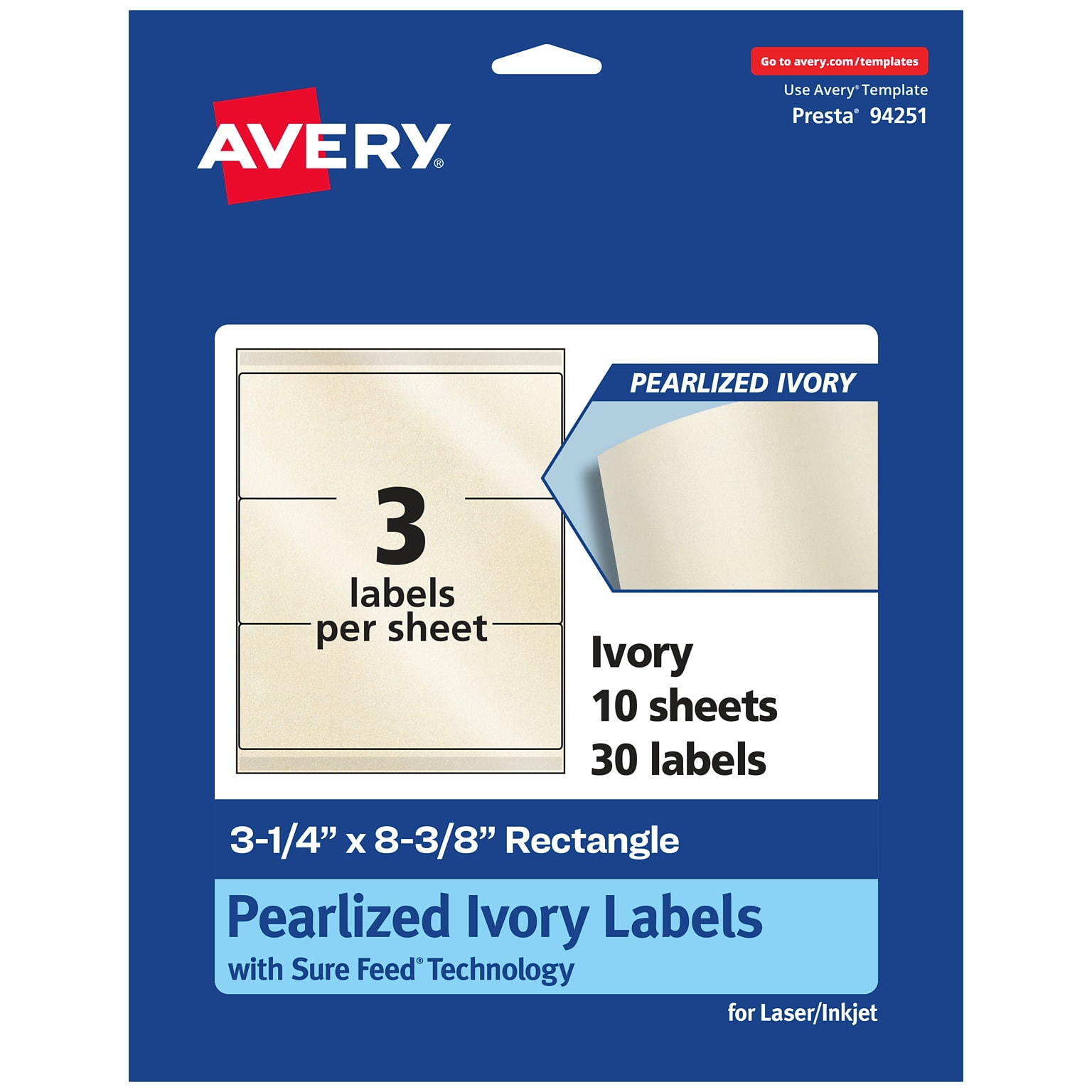 Avery Pearlized Ivory Rectangle Multipurpose Labels, 3-1/4 x 8-3/8, Ivory, 30/Pack (94251)