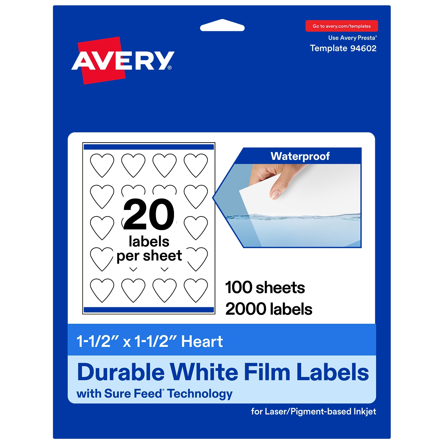 Avery Waterproof Heart Shaped Laser/Inkjet Multipurpose Labels, 1.5 x 1.5, White, 2000/Box (94602)