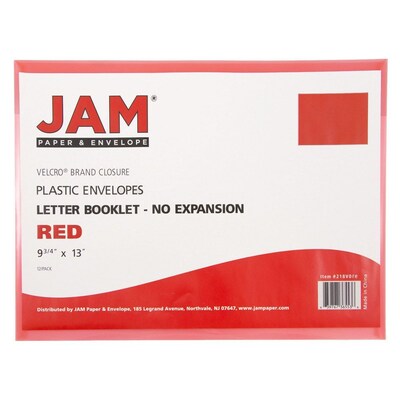 JAM Paper® Plastic Envelopes with Hook & Loop Closure, Legal Booklet, 9.75 x 14.5, Red, 12/Pack (219V0RE)