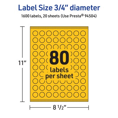 Avery Laser/Inkjet Round Multipurpose Labels, 0.75" Dia., Bright Yellow, 1600/Pack (94504)